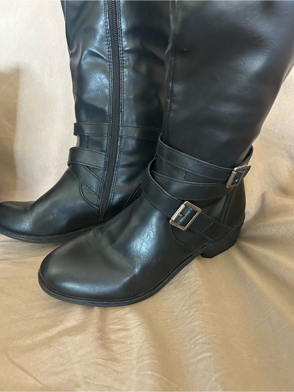 Classic Black Mid-Calf Buckle Heeled Boots